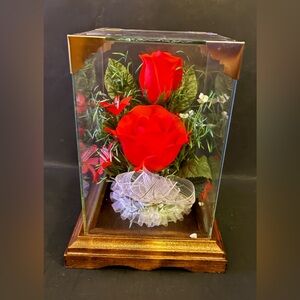 Glass Case with Vibrant Red Roses